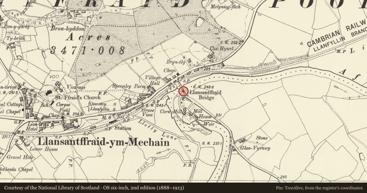 Ordnance Survey six-inch map, 2nd edition (1888–1913) covering the location of Llansantffraid Bridge, Powys, with a pin at the register's coordinates