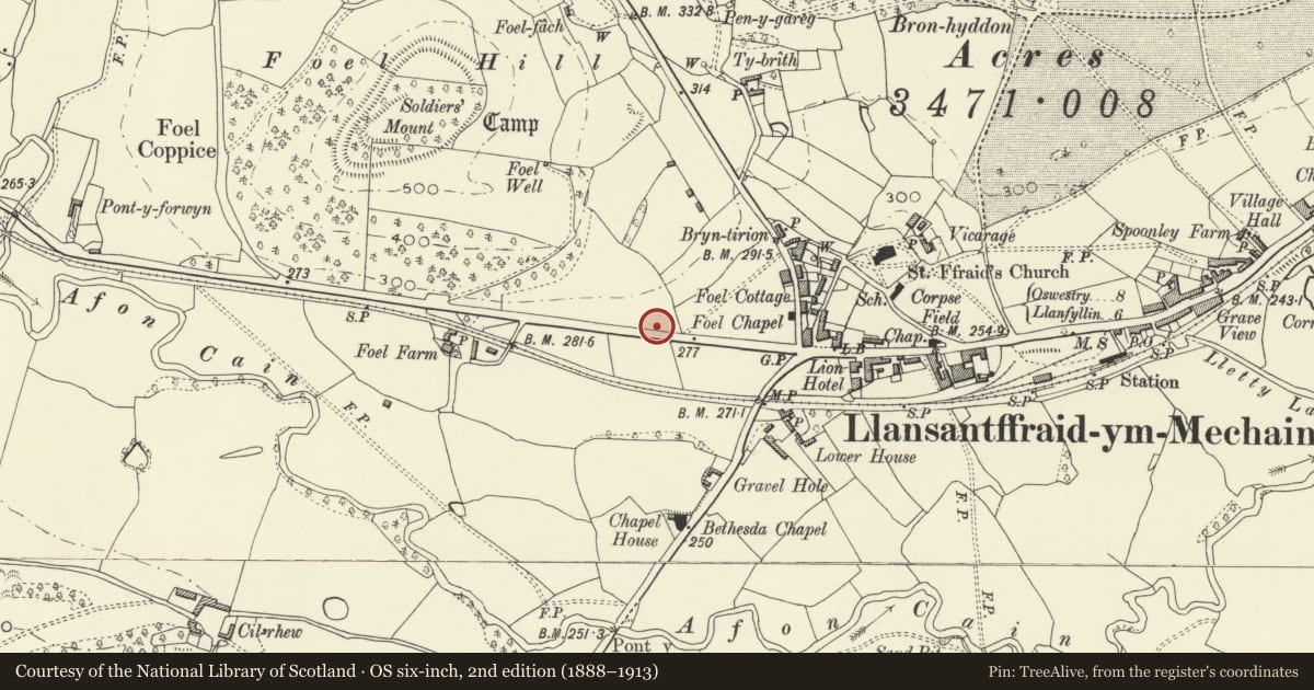 Ordnance Survey six-inch map, 2nd edition (1888–1913) covering the location of Lychgate to Llansantffraid Cemetery, Powys, with a pin at the register's coordinates