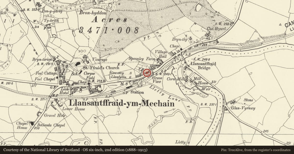 Ordnance Survey six-inch map, 2nd edition (1888–1913) covering the location of Marwen (No. 2, Rose Cottages), with walled and railed forecourt, Llansantffraid, Powys, with a pin at the register's coordinates