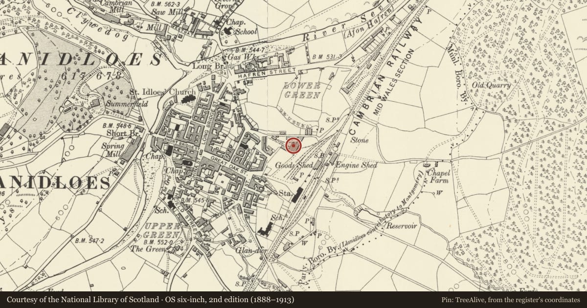 Ordnance Survey six-inch map, 2nd edition (1888–1913) covering the location of Former Railway Foundry original building and NE cross range only (now Hafren Furnishers warehouse), Llanidloes, Powys, with a pin at the register's coordinates