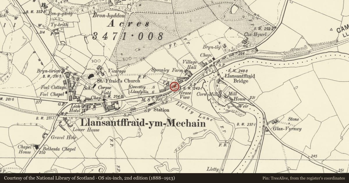 Ordnance Survey six-inch map, 2nd edition (1888–1913) covering the location of No. 3, Rose Cottages, with walled and railed forecourt, Llansantffraid, Powys, with a pin at the register's coordinates
