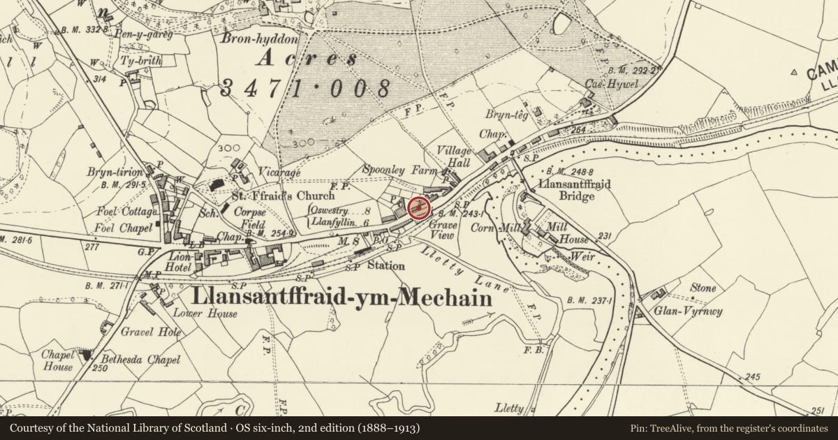 Ordnance Survey six-inch map, 2nd edition (1888–1913) covering the location of No. 4, Rose Cottages, with walled and railed forecourt, Llansantffraid, Powys, with a pin at the register's coordinates