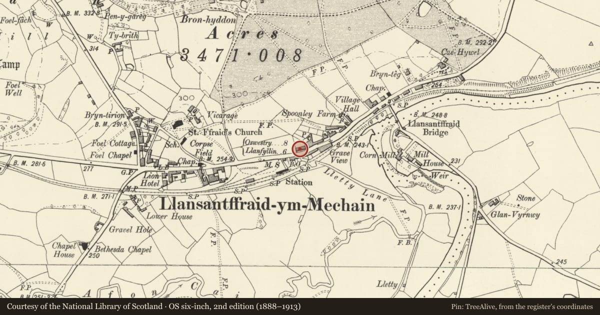 Ordnance Survey six-inch map, 2nd edition (1888–1913) covering the location of No. 4, Victoria Terrace, with walled and railed forecourt, Llansantffraid, Powys, with a pin at the register's coordinates