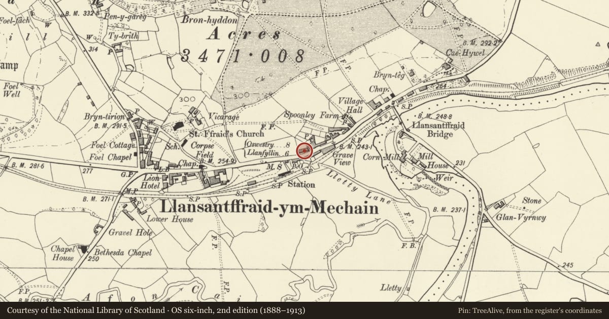Ordnance Survey six-inch map, 2nd edition (1888–1913) covering the location of No. 5, Victoria Terrace, with walled and railed forecourt, Llansantffraid, Powys, with a pin at the register's coordinates