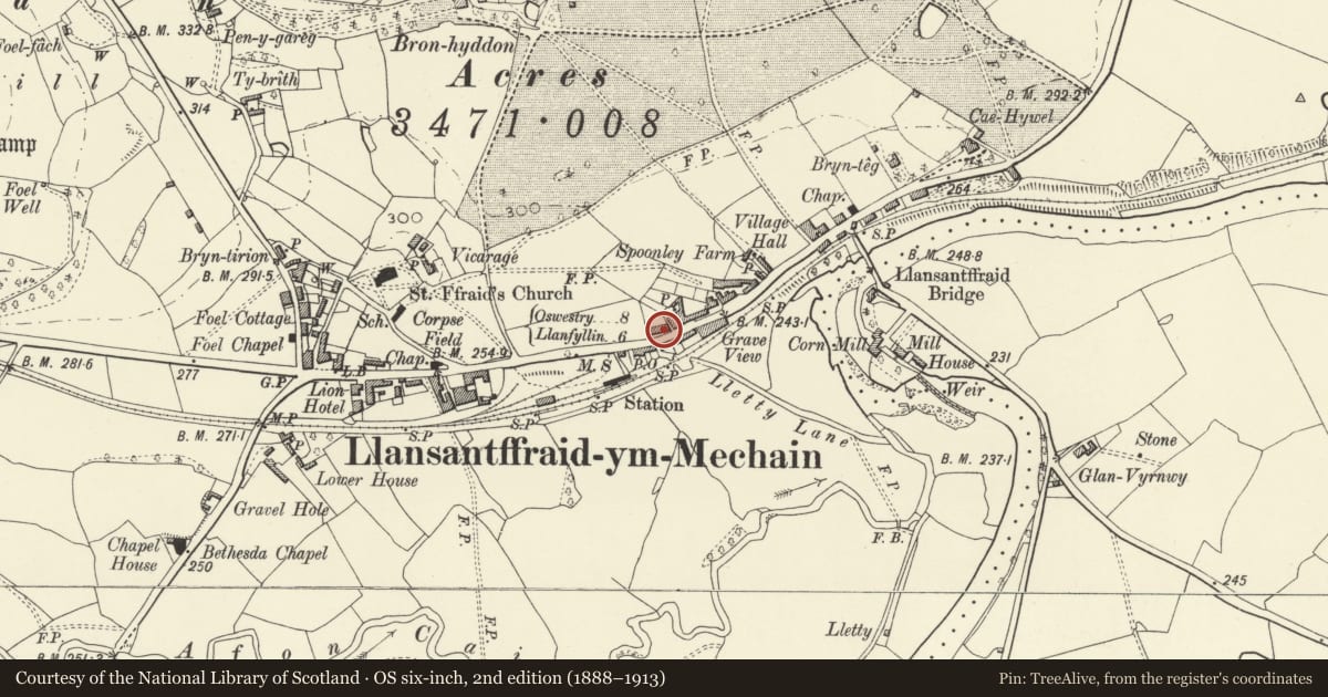 Ordnance Survey six-inch map, 2nd edition (1888–1913) covering the location of No. 6, Victoria Terrace, with walled and railed forecourt, Llansantffraid, Powys, with a pin at the register's coordinates