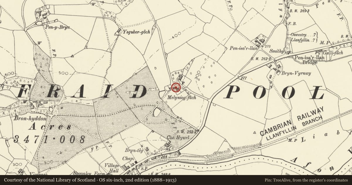 Ordnance Survey six-inch map, 2nd edition (1888–1913) covering the location of Outbuildings at Melyniog-fach, Llansantffraid, Powys, with a pin at the register's coordinates