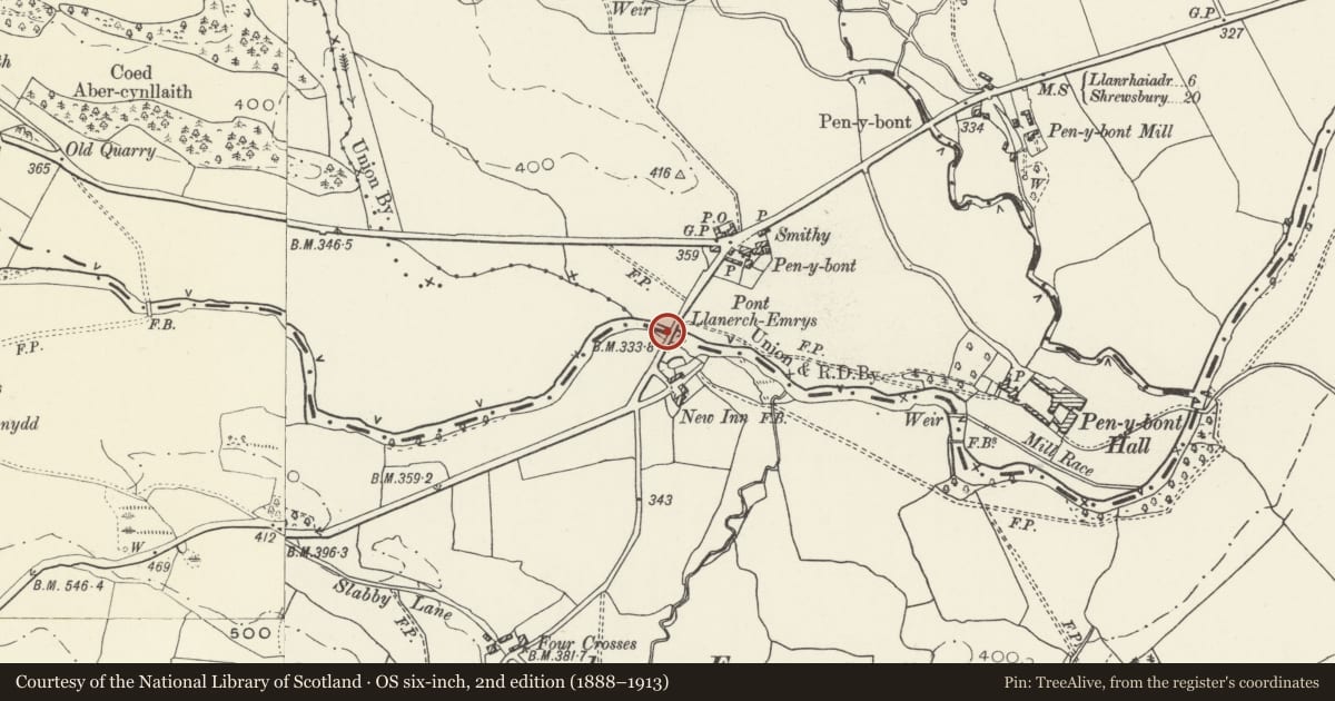 Ordnance Survey six-inch map, 2nd edition (1888–1913) covering the location of Pont Llanerch Emrys (Partly in the Community of Llangedwyn), Llansantffraid, Powys, with a pin at the register's coordinates