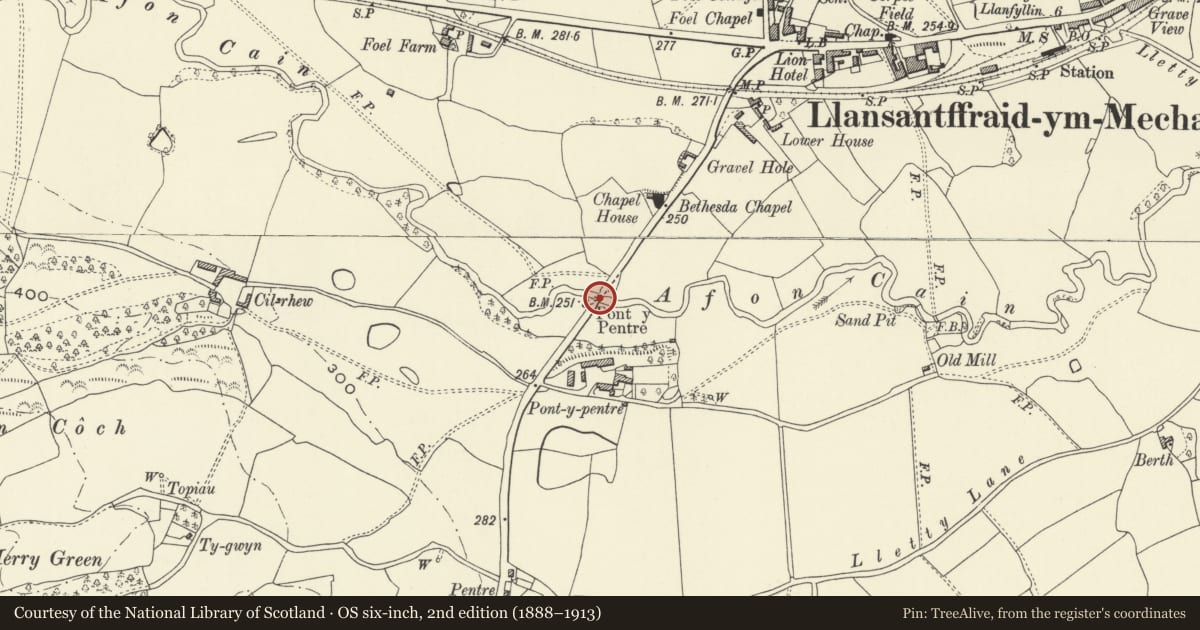 Ordnance Survey six-inch map, 2nd edition (1888–1913) covering the location of Pont-y-pentre, Llansantffraid, Powys, with a pin at the register's coordinates