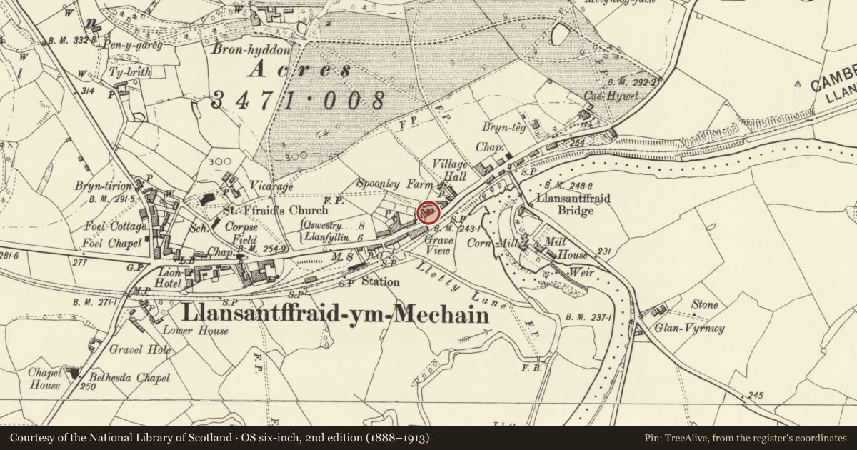 Ordnance Survey six-inch map, 2nd edition (1888–1913) covering the location of Sun Hotel, Llansantffraid, Powys, with a pin at the register's coordinates