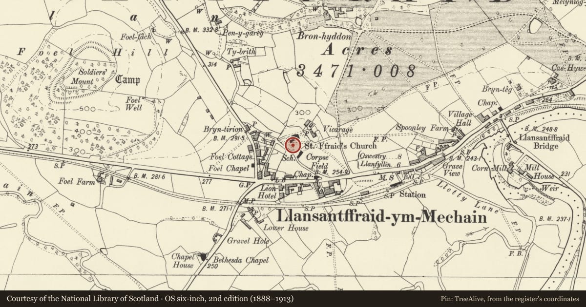 Ordnance Survey six-inch map, 2nd edition (1888–1913) covering the location of Sundial in St Ffraid's Churchyard, Llansantffraid, Powys, with a pin at the register's coordinates