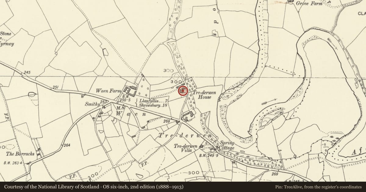 Ordnance Survey six-inch map, 2nd edition (1888–1913) covering the location of Trederwen House, Llansantffraid, Powys, with a pin at the register's coordinates