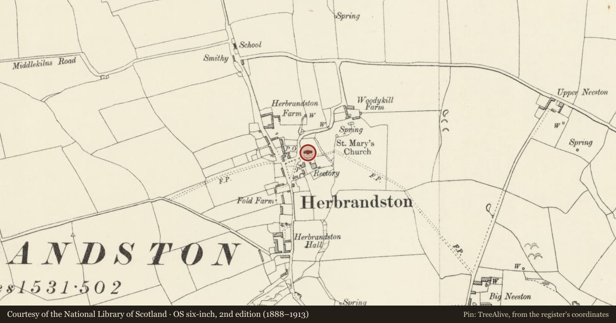 Ordnance Survey six-inch map, 2nd edition (1888–1913) covering the location of Church of Saint Mary, Herbrandston, Pembrokeshire, with a pin at the register's coordinates