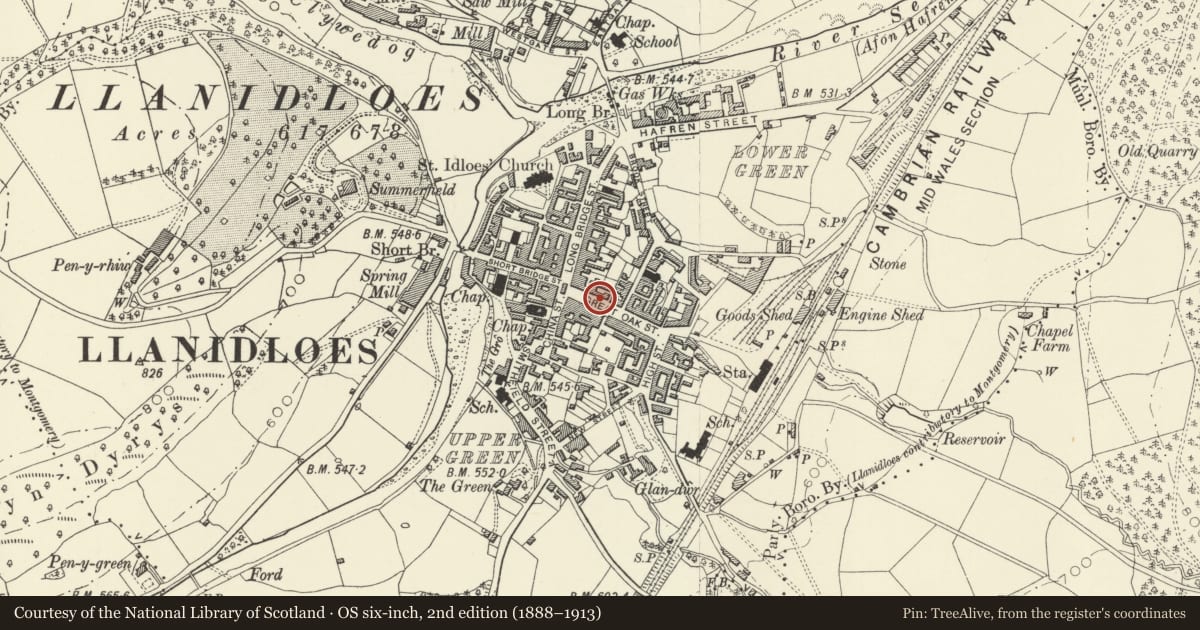 Ordnance Survey six-inch map, 2nd edition (1888–1913) covering the location of Lampstandard Outside the Town Hall, Llanidloes, Powys, with a pin at the register's coordinates