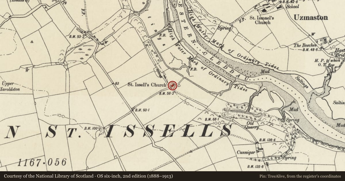 Ordnance Survey six-inch map, 2nd edition (1888–1913) covering the location of Church of St Issel, Merlin's Bridge, Pembrokeshire, with a pin at the register's coordinates
