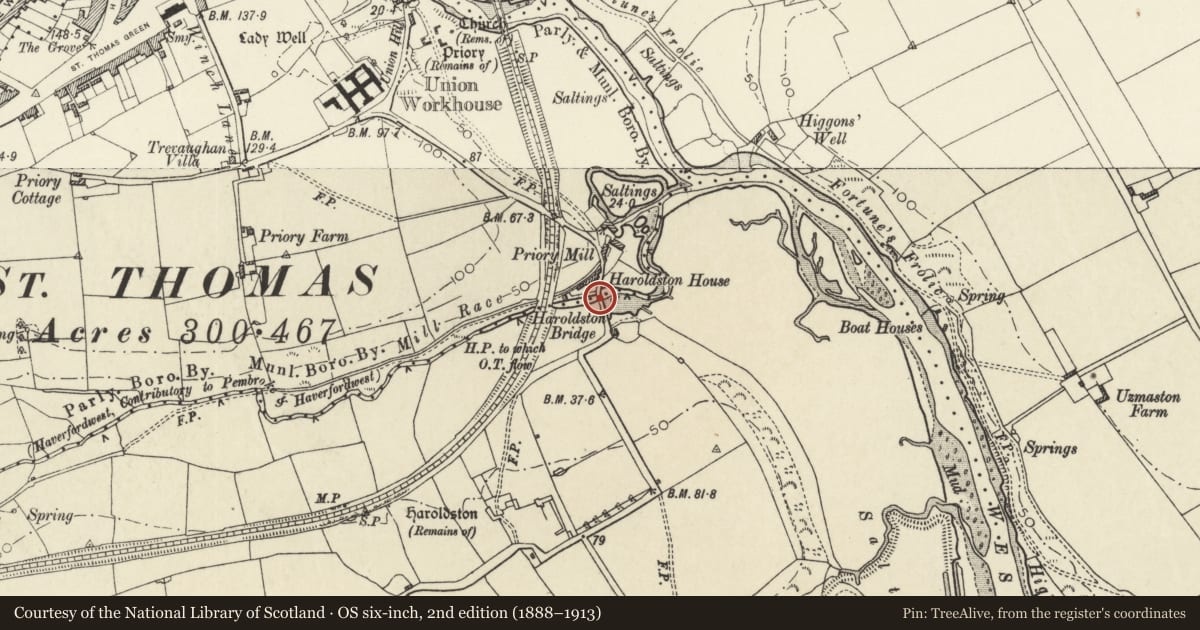 Ordnance Survey six-inch map, 2nd edition (1888–1913) covering the location of Haroldston Bridge (partly in Haverfordwest community), Merlin's Bridge, Pembrokeshire, with a pin at the register's coordinates