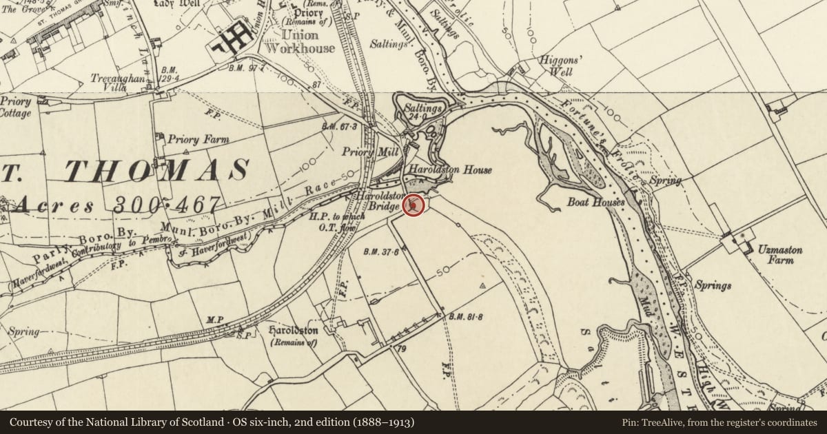 Ordnance Survey six-inch map, 2nd edition (1888–1913) covering the location of Haroldston Cottage, Merlin's Bridge, Pembrokeshire, with a pin at the register's coordinates