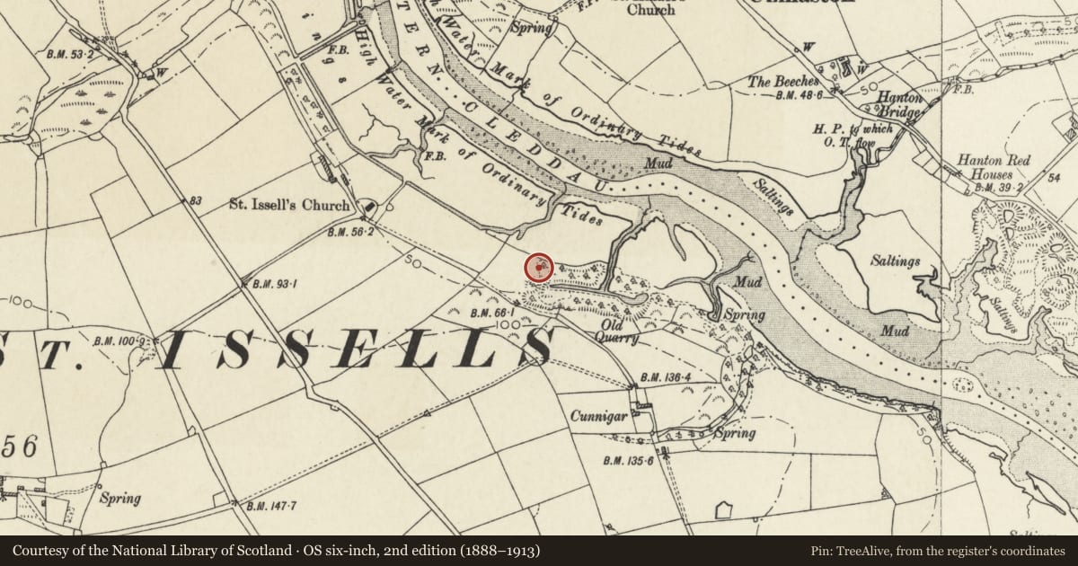 Ordnance Survey six-inch map, 2nd edition (1888–1913) covering the location of Lime kiln near Lower Haroldston Farm, Merlin's Bridge, Pembrokeshire, with a pin at the register's coordinates