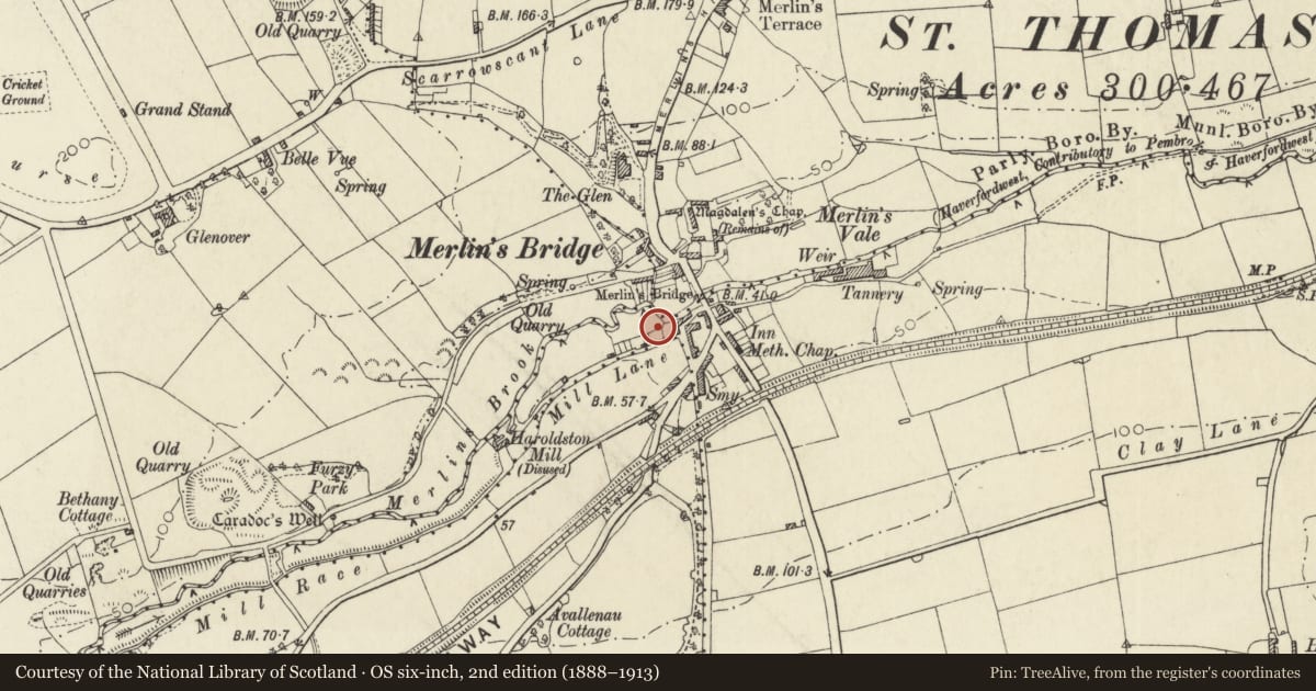 Ordnance Survey six-inch map, 2nd edition (1888–1913) covering the location of Milepost on A4076, Merlin's Bridge, Pembrokeshire, with a pin at the register's coordinates