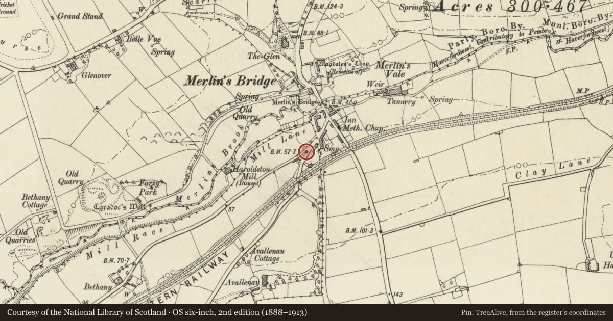Ordnance Survey six-inch map, 2nd edition (1888–1913) covering the location of War Memorial, Merlin's Bridge, Pembrokeshire, with a pin at the register's coordinates