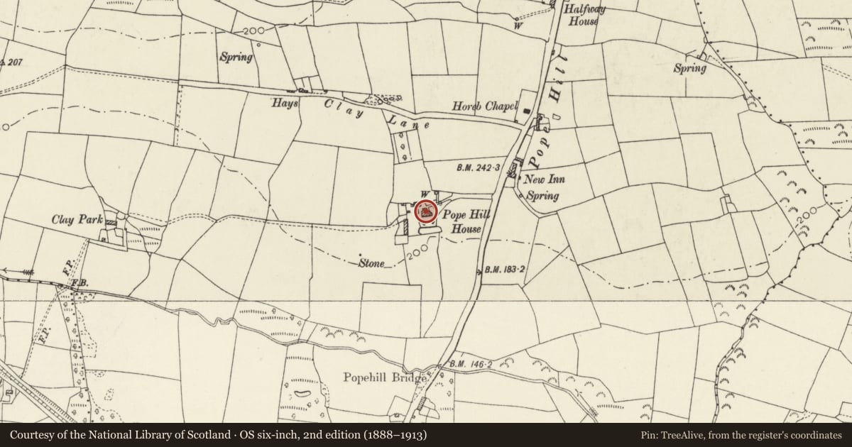 Ordnance Survey six-inch map, 2nd edition (1888–1913) covering the location of Pope Hill House, Johnston, Pembrokeshire, with a pin at the register's coordinates