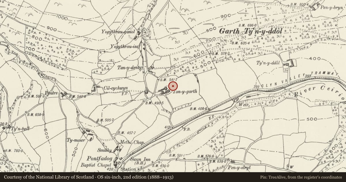 Ordnance Survey six-inch map, 2nd edition (1888–1913) covering the location of Tan-y-Garth including garden terrace and entrance staircase, Glyntraian, Wrexham, with a pin at the register's coordinates