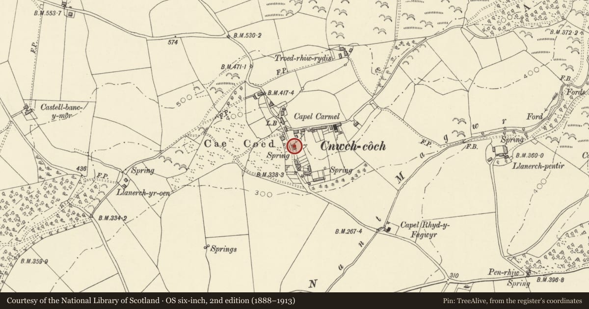 Ordnance Survey six-inch map, 2nd edition (1888–1913) covering the location of Argoed, Trawsgoed, Ceredigion, with a pin at the register's coordinates