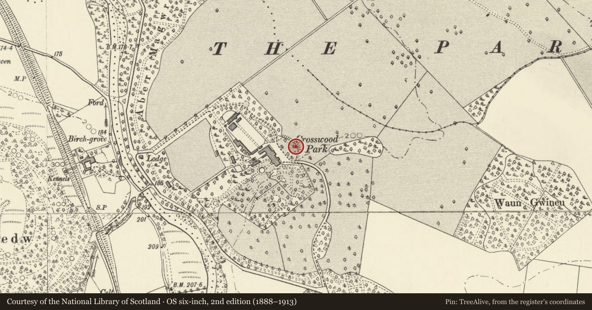 Ordnance Survey six-inch map, 2nd edition (1888–1913) covering the location of Gatepiers and gates to forecourt at Trawsgoed House, Ceredigion, with a pin at the register's coordinates