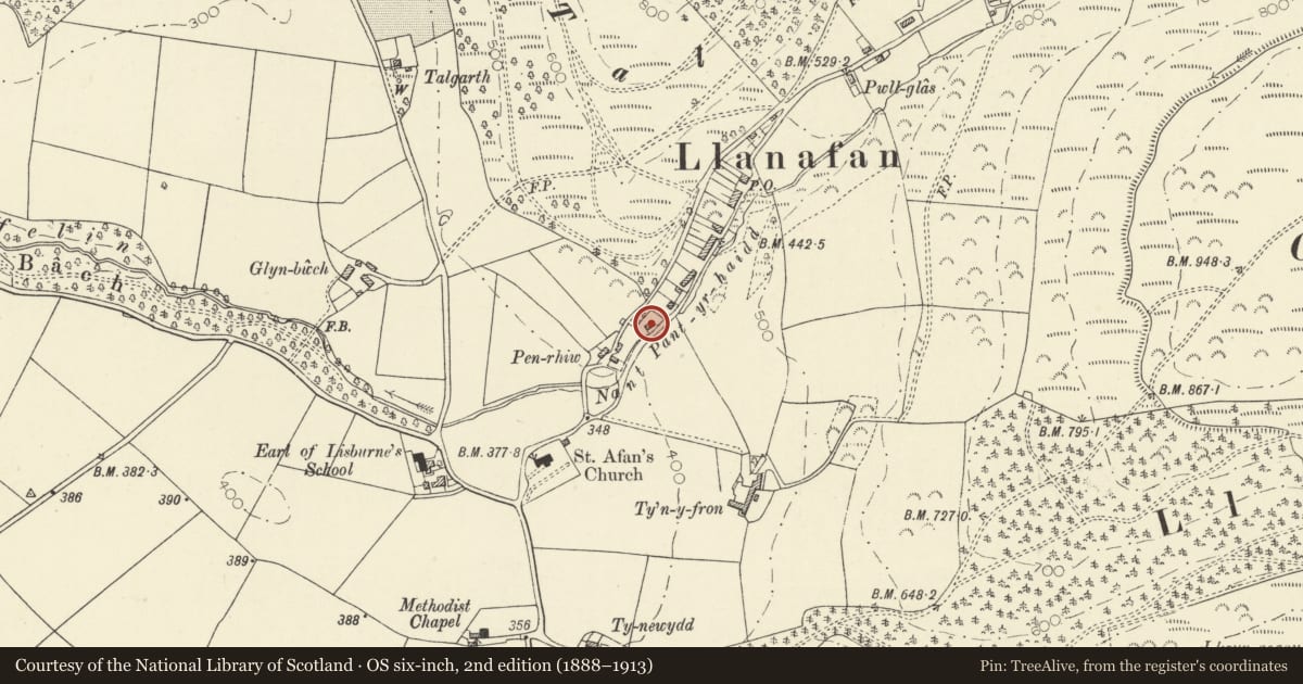 Ordnance Survey six-inch map, 2nd edition (1888–1913) covering the location of Llanafan Womens Institute Hall, Trawsgoed, Ceredigion, with a pin at the register's coordinates