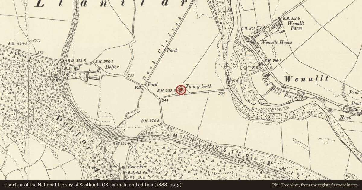 Ordnance Survey six-inch map, 2nd edition (1888–1913) covering the location of No 1 Tynyberth, Trawsgoed, Ceredigion, with a pin at the register's coordinates