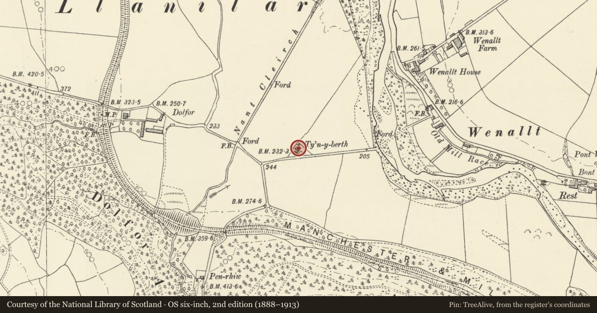 Ordnance Survey six-inch map, 2nd edition (1888–1913) covering the location of No 2 Tynyberth, Trawsgoed, Ceredigion, with a pin at the register's coordinates