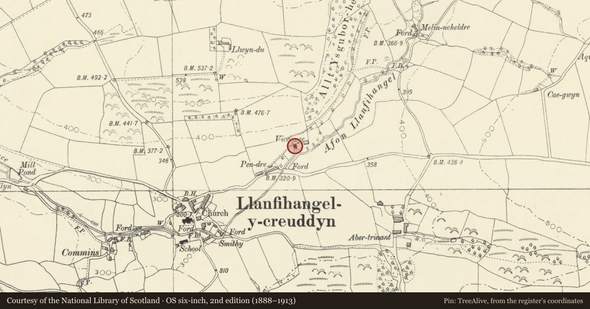 Ordnance Survey six-inch map, 2nd edition (1888–1913) covering the location of Outbuilding at Plas y Creuddyn, Trawsgoed, Ceredigion, with a pin at the register's coordinates