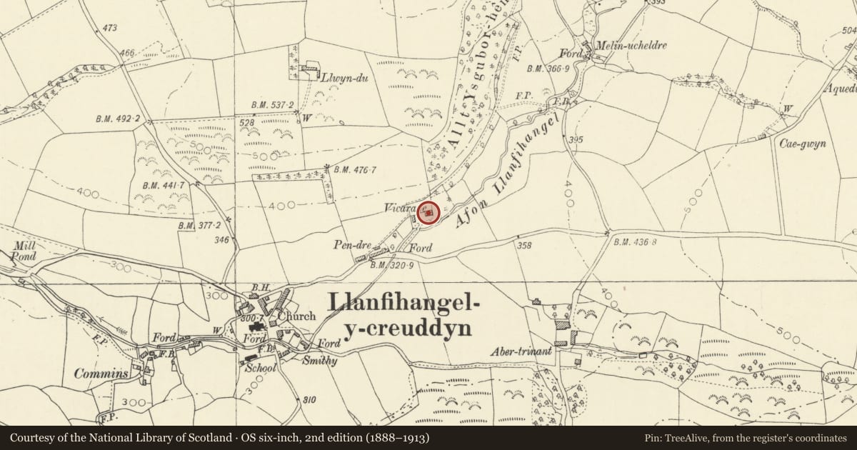 Ordnance Survey six-inch map, 2nd edition (1888–1913) covering the location of Plas y Creuddyn, Trawsgoed, Ceredigion, with a pin at the register's coordinates