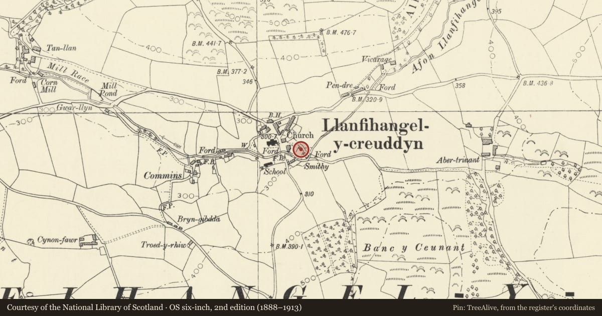 Ordnance Survey six-inch map, 2nd edition (1888–1913) covering the location of Preswylfa, Trawsgoed, Ceredigion, with a pin at the register's coordinates