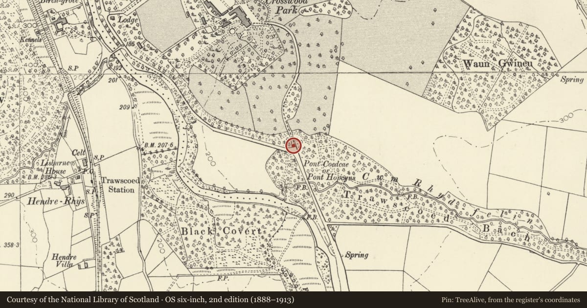 Ordnance Survey six-inch map, 2nd edition (1888–1913) covering the location of The White Gates, Trawsgoed, Ceredigion, with a pin at the register's coordinates
