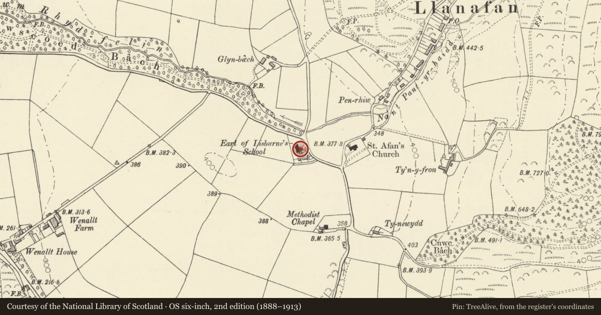 Ordnance Survey six-inch map, 2nd edition (1888–1913) covering the location of Ty'r Ysgol, Trawsgoed, Ceredigion, with a pin at the register's coordinates