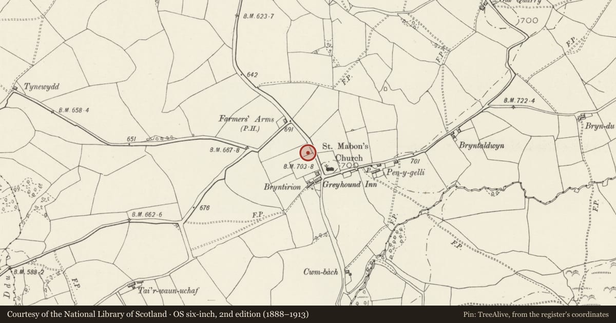 Ordnance Survey six-inch map, 2nd edition (1888–1913) covering the location of Albion Colliery Disaster Memorial, Nelson, Caerphilly, with a pin at the register's coordinates