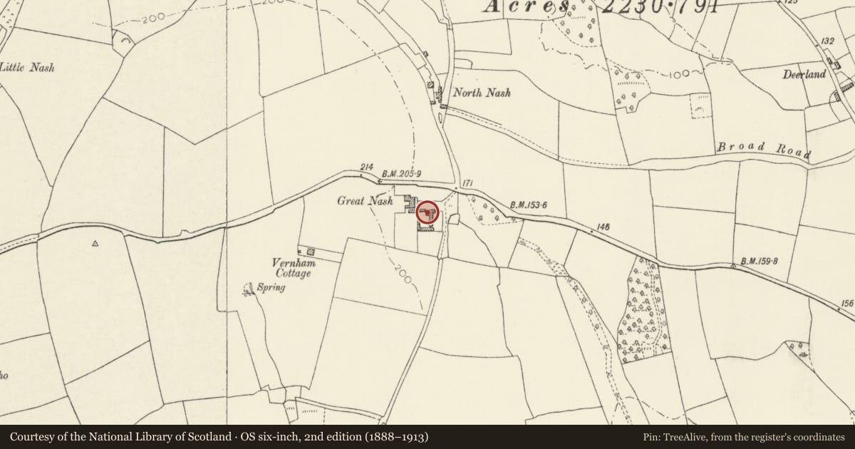 Ordnance Survey six-inch map, 2nd edition (1888–1913) covering the location of Dovecote at Great Nash, Llangwm, Pembrokeshire, with a pin at the register's coordinates