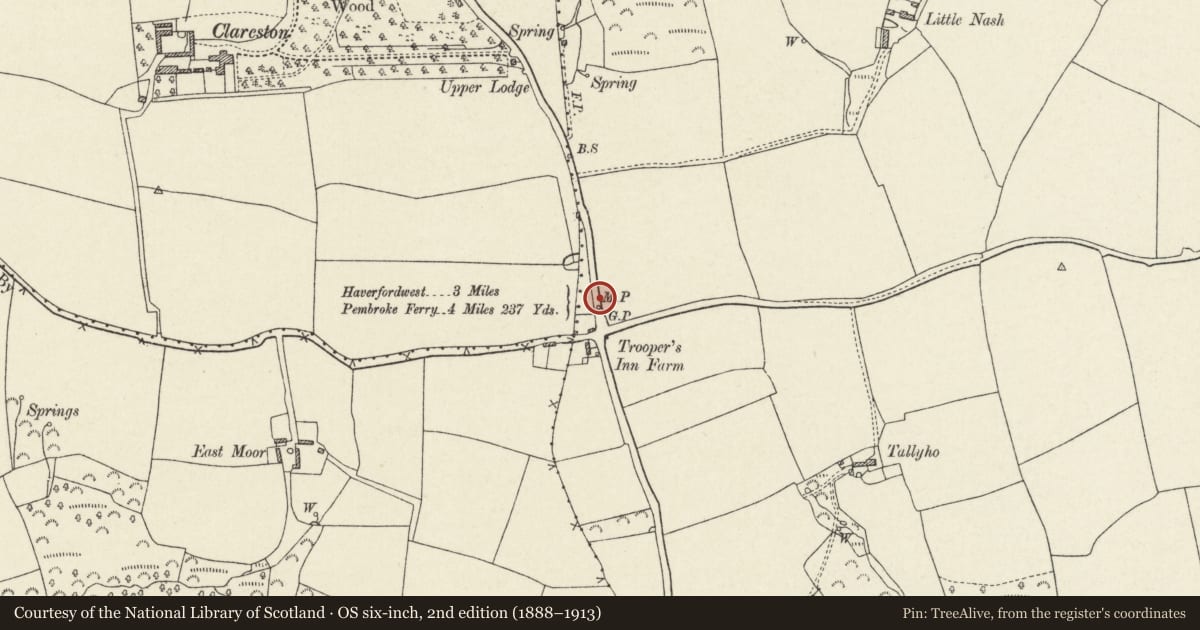 Ordnance Survey six-inch map, 2nd edition (1888–1913) covering the location of Milepost at Trooper's Inn, Freystrop, Pembrokeshire, with a pin at the register's coordinates