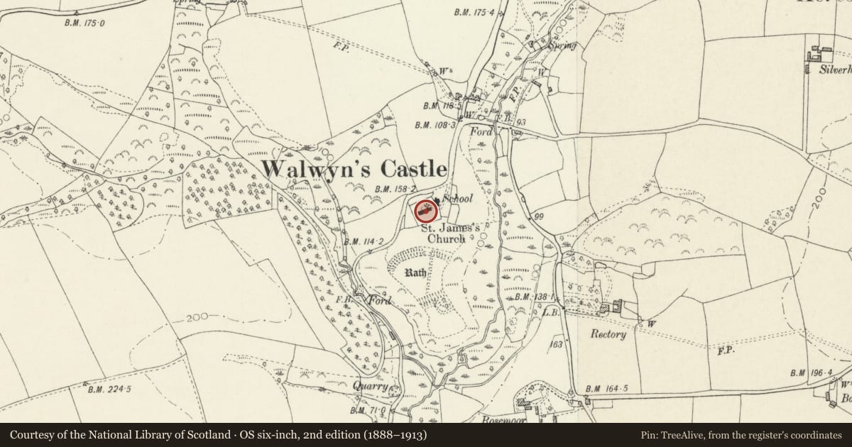 Ordnance Survey six-inch map, 2nd edition (1888–1913) covering the location of Church of St James the Great, Walwyn's Castle, Pembrokeshire, with a pin at the register's coordinates
