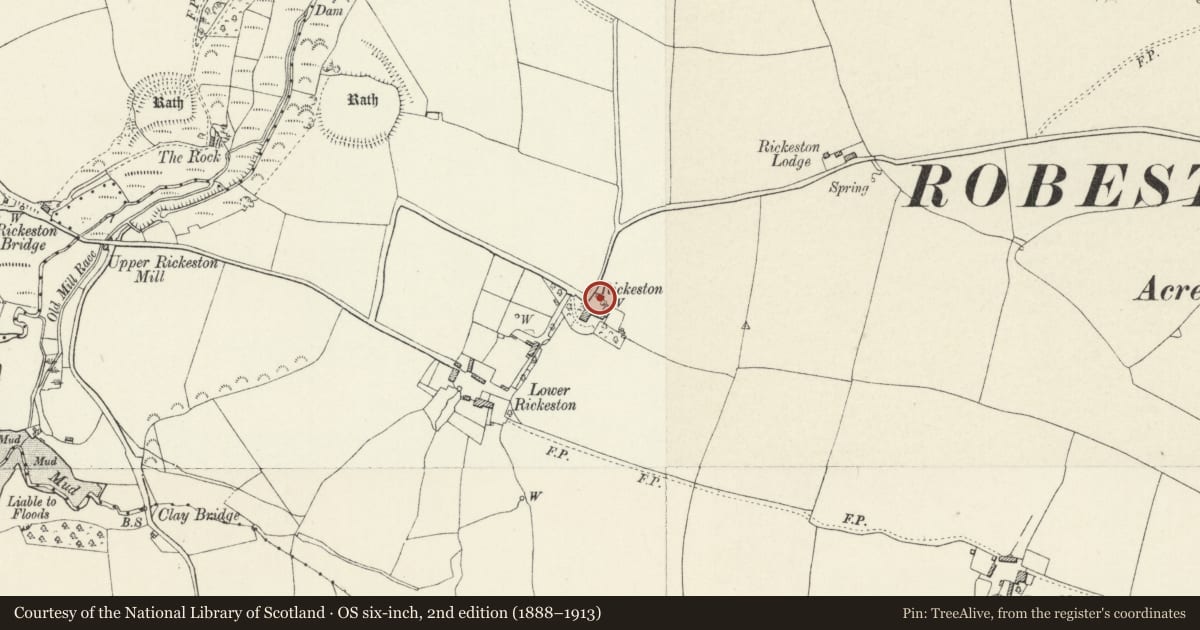 Ordnance Survey six-inch map, 2nd edition (1888–1913) covering the location of Coach-shed house at Rickeston, Walwyn's Castle, Pembrokeshire, with a pin at the register's coordinates