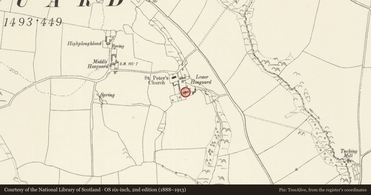 Ordnance Survey six-inch map, 2nd edition (1888–1913) covering the location of Lower Hasguard, Walwyn's Castle, Pembrokeshire, with a pin at the register's coordinates