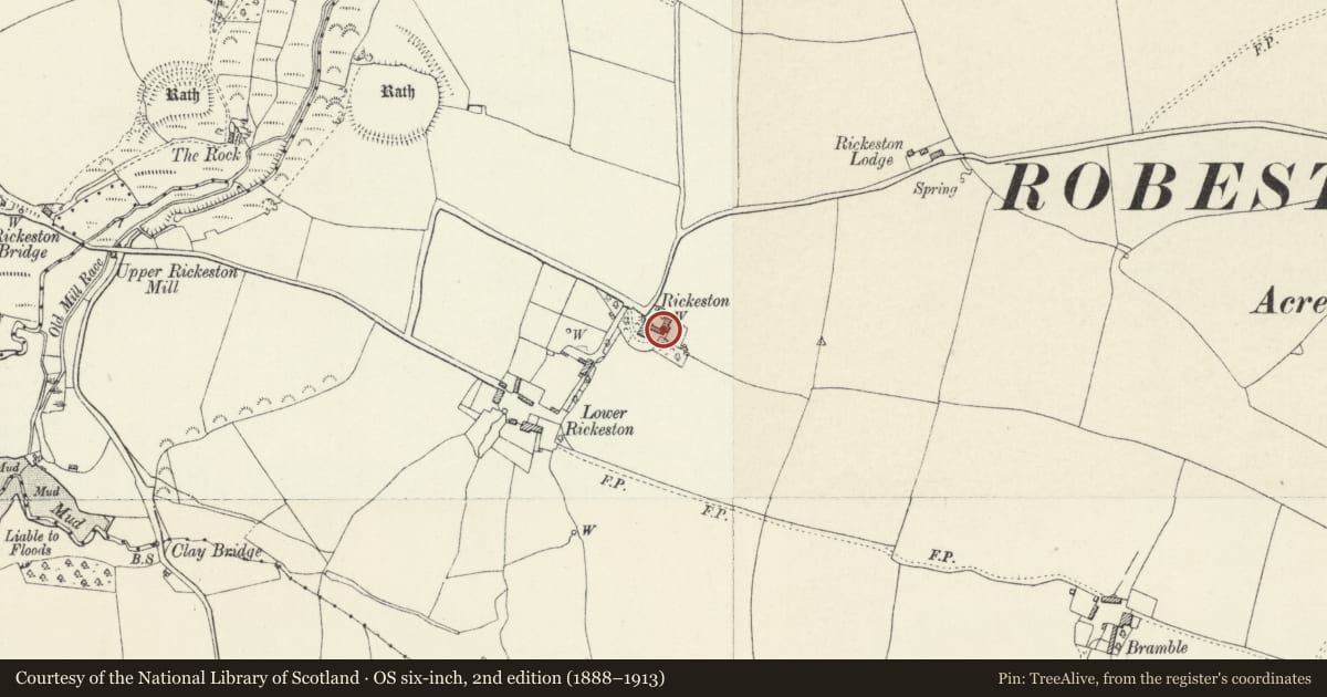 Ordnance Survey six-inch map, 2nd edition (1888–1913) covering the location of Rickeston Hall, Walwyn's Castle, Pembrokeshire, with a pin at the register's coordinates
