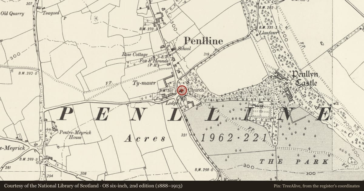 Ordnance Survey six-inch map, 2nd edition (1888–1913) covering the location of Church of St. John the Evangelist, Penllyn, Vale of Glamorgan, with a pin at the register's coordinates