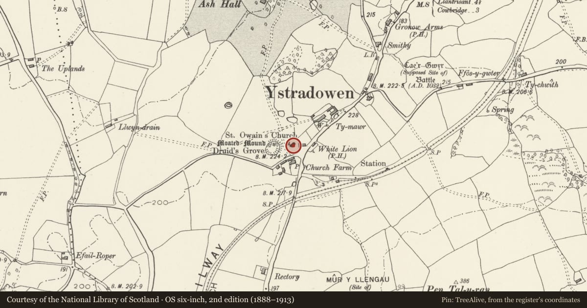 Ordnance Survey six-inch map, 2nd edition (1888–1913) covering the location of Church of St. Owain, Penllyn, Vale of Glamorgan, with a pin at the register's coordinates