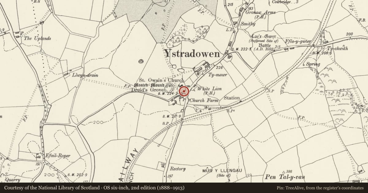 Ordnance Survey six-inch map, 2nd edition (1888–1913) covering the location of Churchyard Wall and Gates of Church of St. Owain, Penllyn, Vale of Glamorgan, with a pin at the register's coordinates