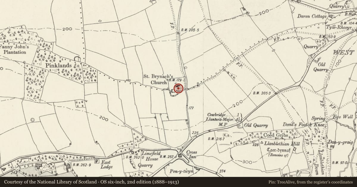 Ordnance Survey six-inch map, 2nd edition (1888–1913) covering the location of Cross base in Churchyard of Church of St. Brynach, Penllyn, Vale of Glamorgan, with a pin at the register's coordinates
