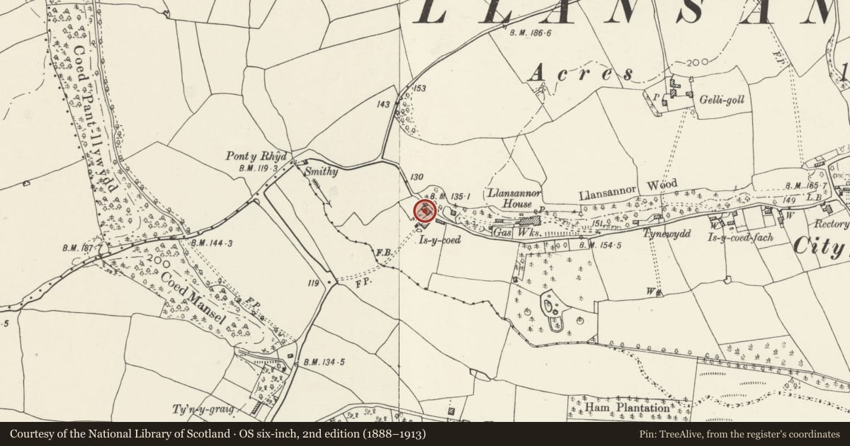 Ordnance Survey six-inch map, 2nd edition (1888–1913) covering the location of Is-y-coed Farmhouse, Penllyn, Vale of Glamorgan, with a pin at the register's coordinates
