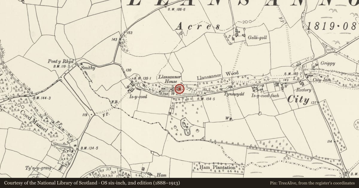 Ordnance Survey six-inch map, 2nd edition (1888–1913) covering the location of Llansannor House, Penllyn, Vale of Glamorgan, with a pin at the register's coordinates