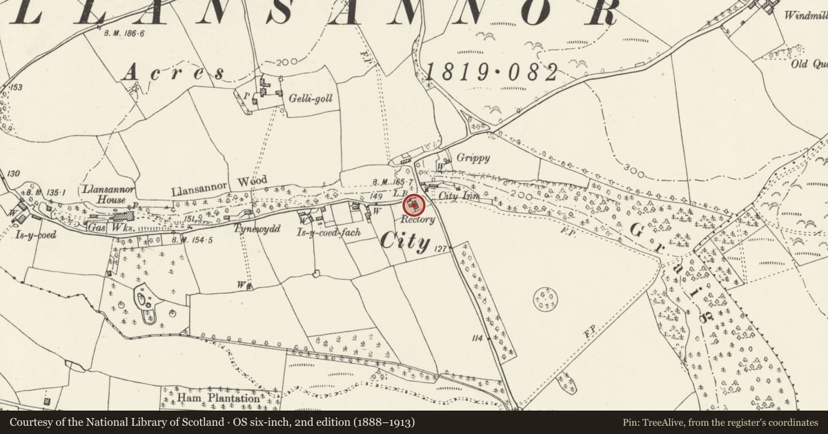 Ordnance Survey six-inch map, 2nd edition (1888–1913) covering the location of The Old Rectory, Penllyn, Vale of Glamorgan, with a pin at the register's coordinates