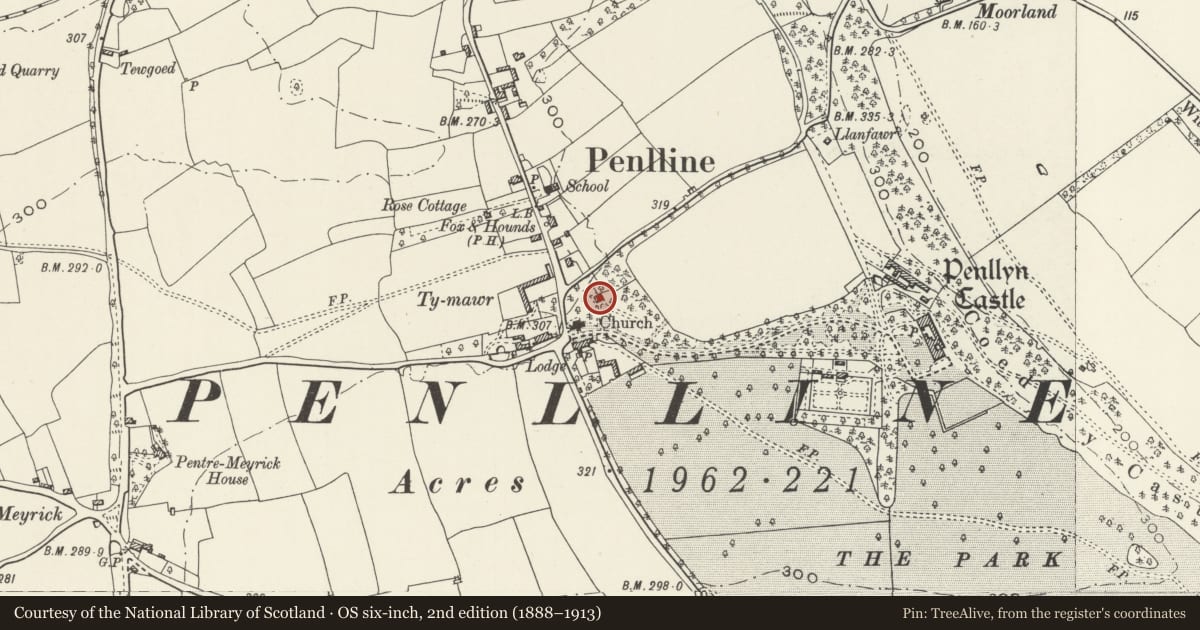 Ordnance Survey six-inch map, 2nd edition (1888–1913) covering the location of The Old School House, Penllyn, Vale of Glamorgan, with a pin at the register's coordinates
